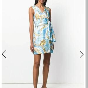 Moschino Couture Logo Chain Print Blue Silk Wrap Dress (US8)